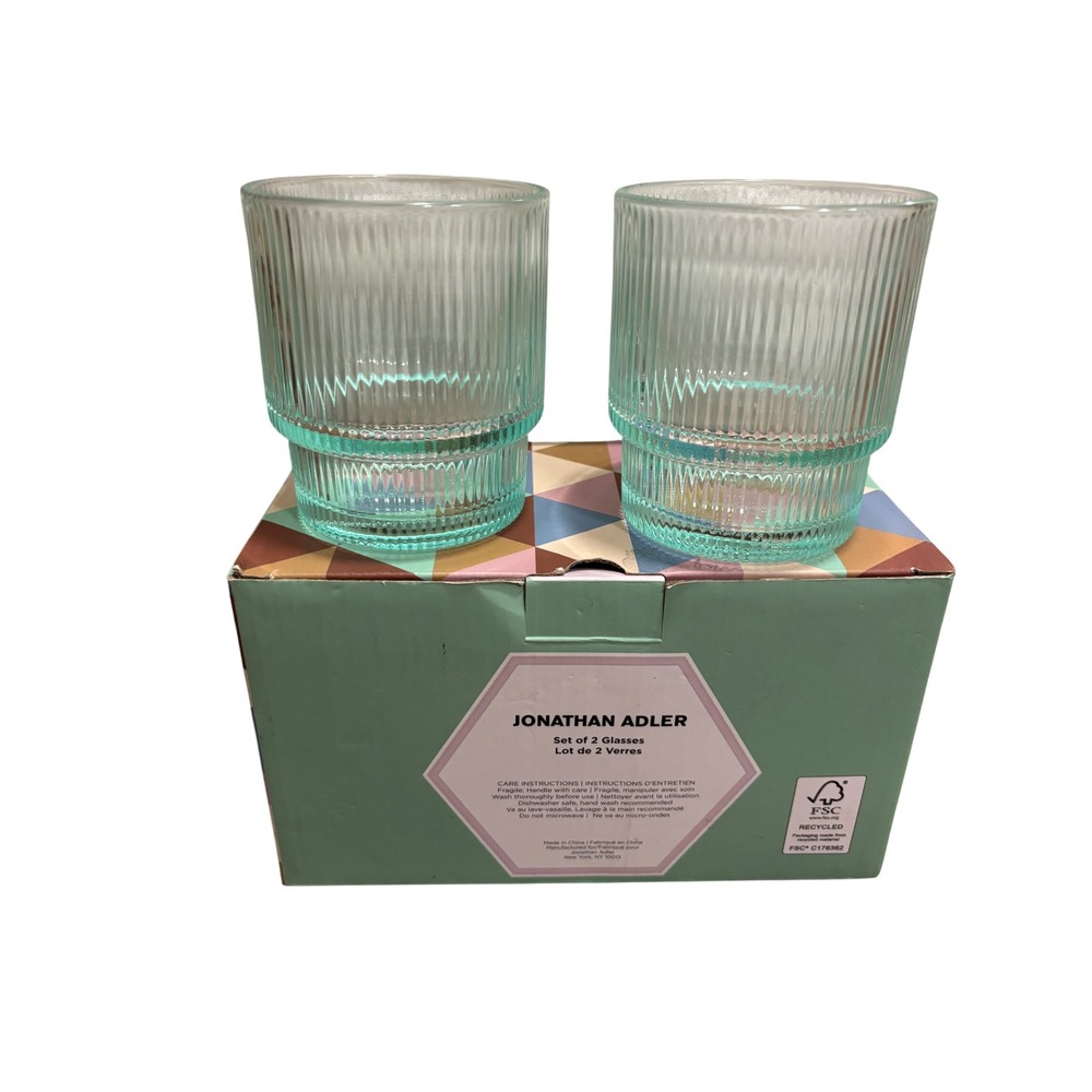 NWT Jonathan Adler Biba Green Ribbed Glass Set of 2 13oz New in Box